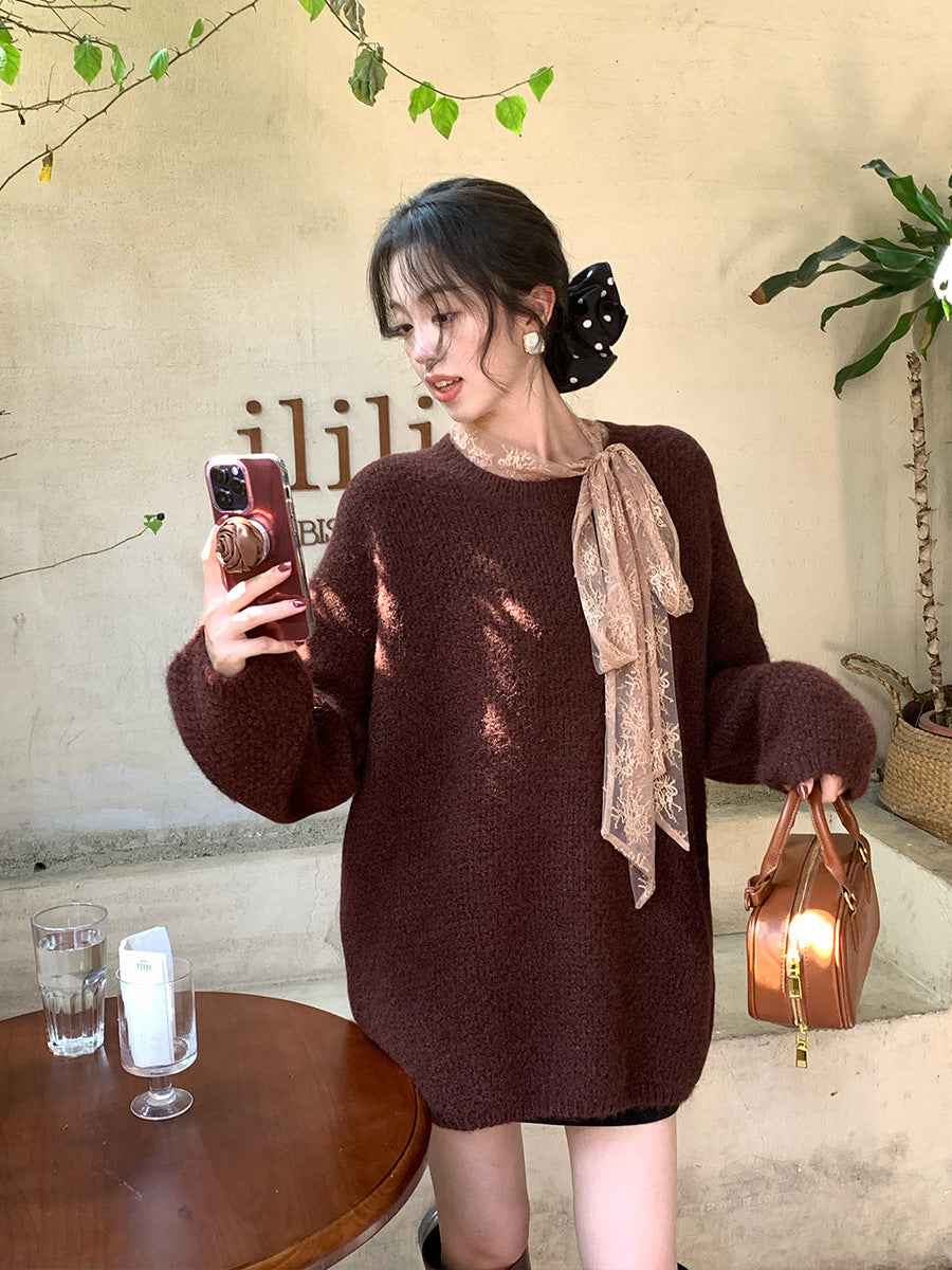 2025 popular autumn and winter loose long-sleeved temperament wool long-sleeved solid color knitted sweater sweater women 25193