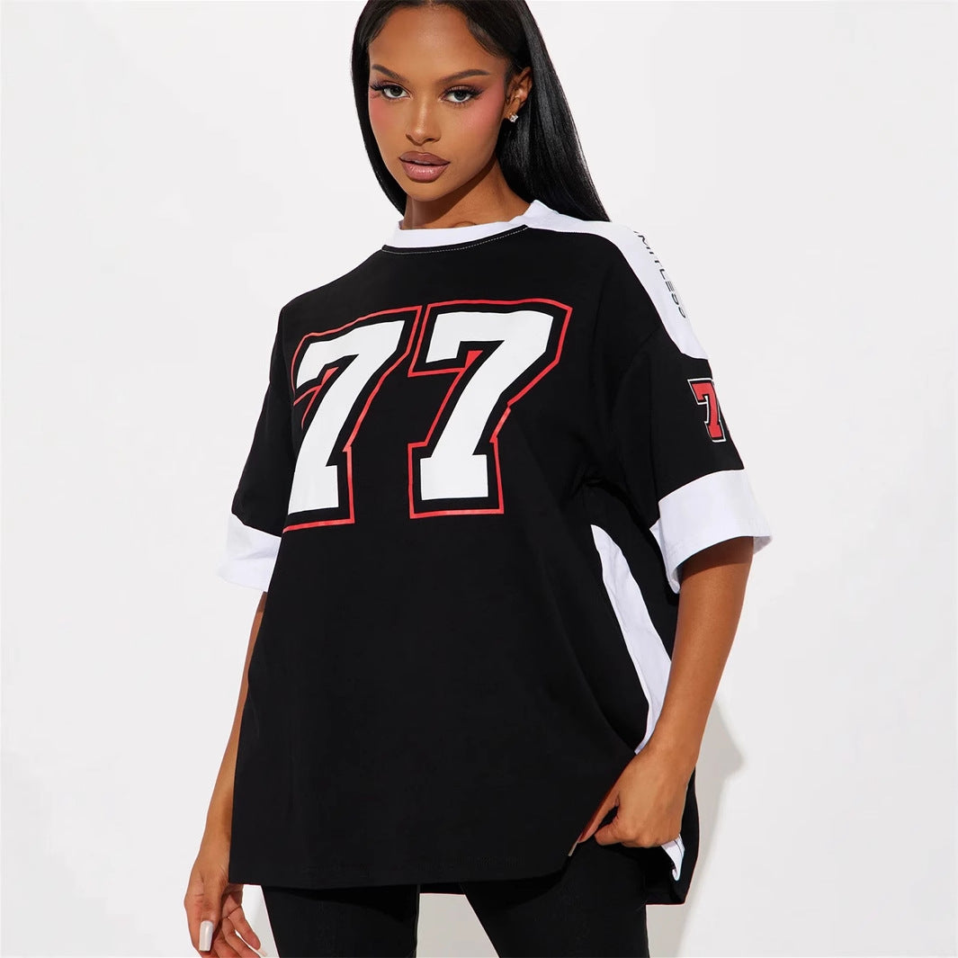 Autumn new New Popular trade loose fashion casual contrasting sports top simple printing short sleeve T