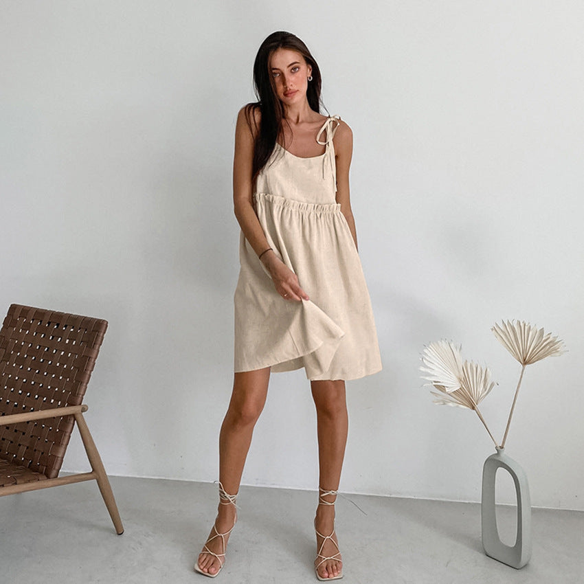 2025 Cross-border summer new sexy babes suspender dress salt-tie pullover loose cotton and linen A-shaped skirt