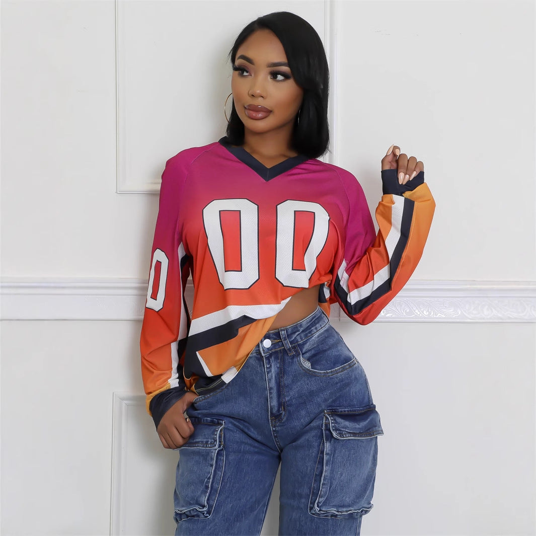 popular Autumn Festival new New color contrast fashion printing loose leisure sports style long-sleeved jersey V-neck top
