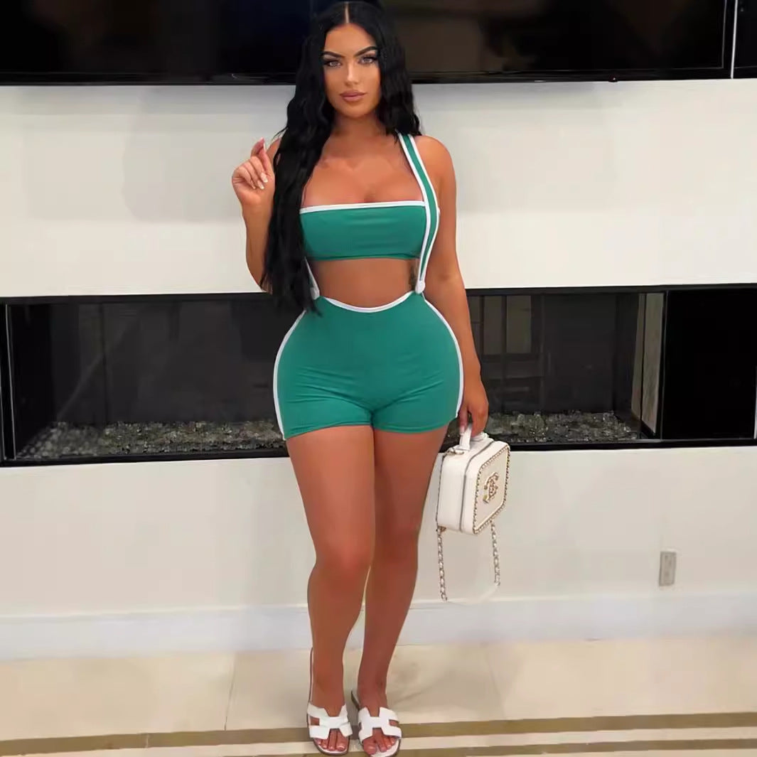 Summer New new threaded pit strip elastic sexy babes shorts tube top overalls set