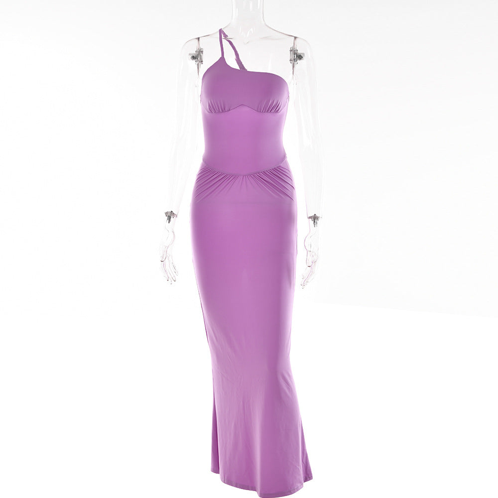 2025 Cross-border new fashion and sexy backless suspender dress solid color waist pleated split dress summer women