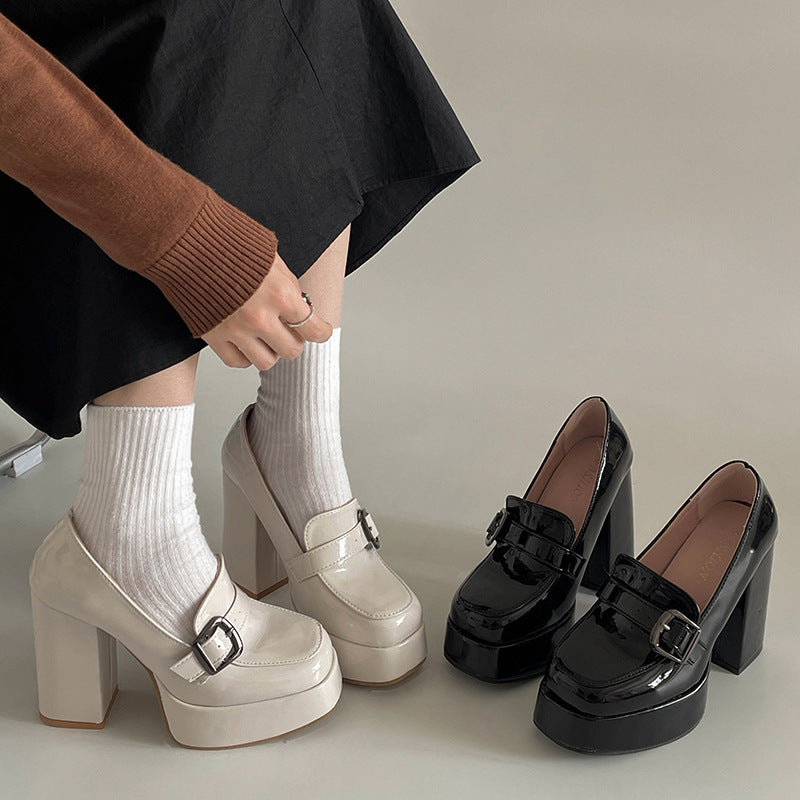 xiangtuibao Small Net Red Black Height Increasing Chunky Heel High Heels for Women New Spring and Autumn Retro Versatile Small Leather Shoes