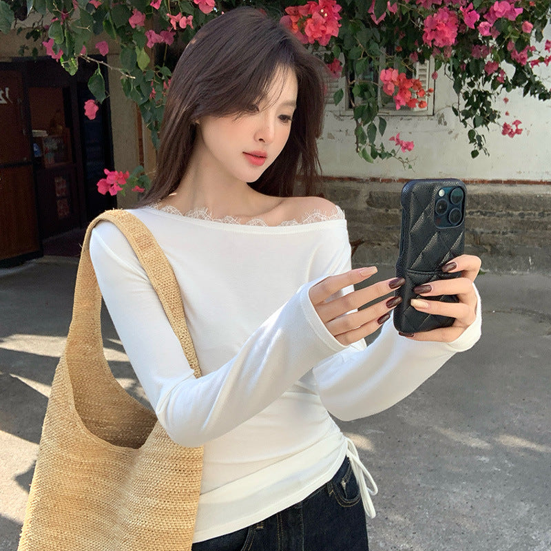 2025 Thirteen Lines Spring New Korean Edition Temperament Lace Slant Neck Bottom Shirt Long Sleeve Top 89190