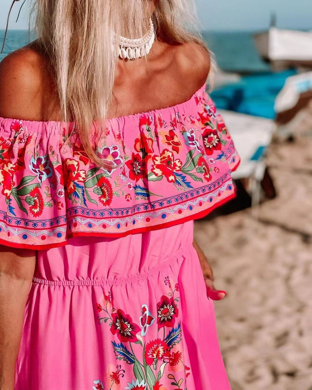2023 New New Popularan, 2025n Spring and Summer Shoulder Safflower Printing Long Pendulum Dress Women