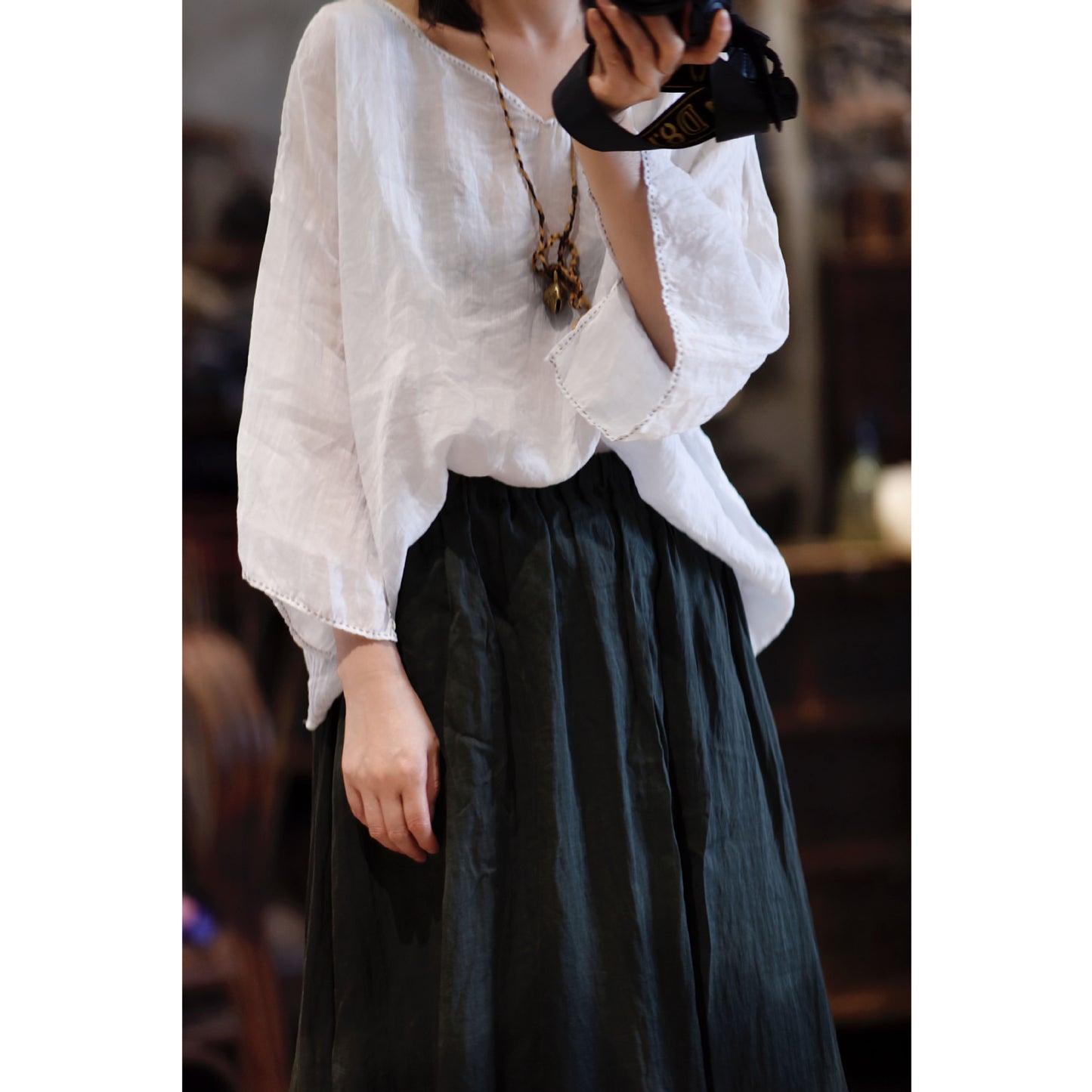 2025 22/6 small cigarettes, literary and casual high-count ramie light and breathable pullover, shoulder-length nine-quarter sleeve sunscreen short shirt