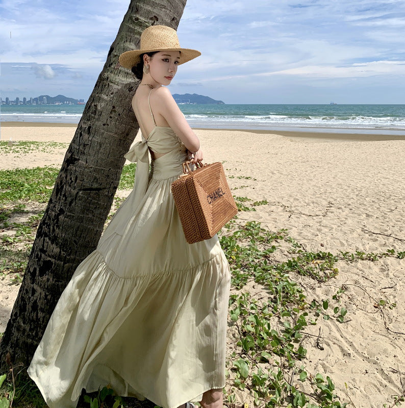 2025 Photo skirt Yunnan Xishuangbanna Dali long dress women's V-neck Hainan beach backless strap suspender dress