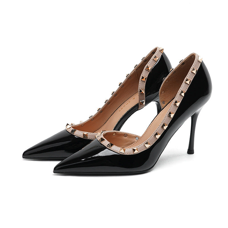 2025 966-A8 2025 new shallow mouth pointed head thin heel high heels fairy fairy wind side empty rivets single shoes female