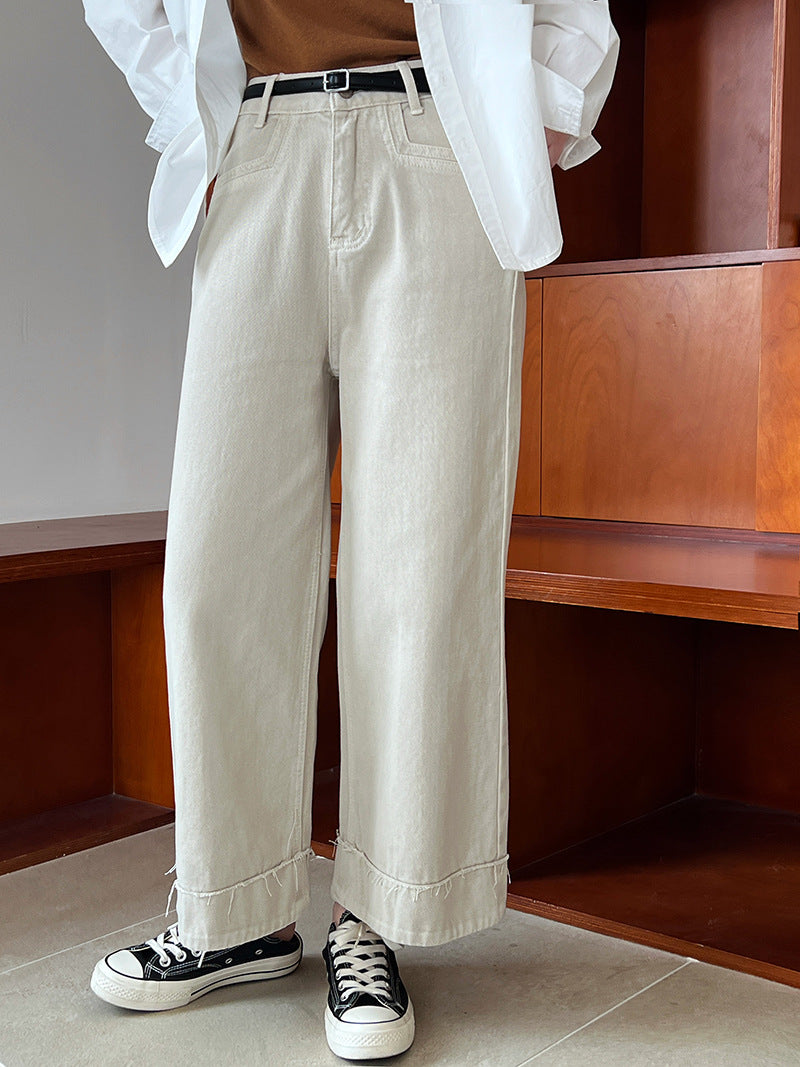 Luxi, splicing flanged fringed jeans women's popular new design sense small casual wide-leg pants 33030