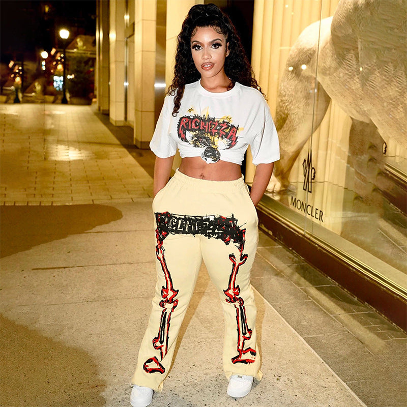 women's clothing autumn and winter new fashion positioning printed pocket wide-leg pants casual trousers women's trend