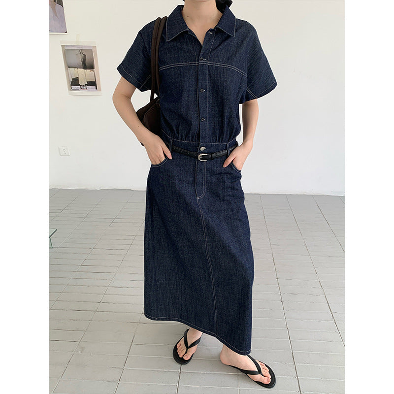 2025 THE MIND Denim Splicing Shirt Dress 2025 Summer New Waist Skinny Long Skirt 030AX
