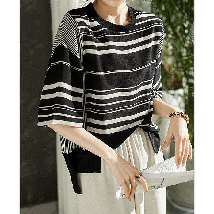 2025 Heavy silk, design striped T-shirt summer new women's loose, bat-sleeved mulberry silk top