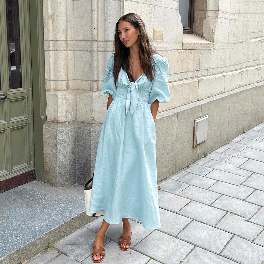 2025 Cross-border summer new elegant long dress sexy low-cut V-neck bubble sleeve high-waisted cotton and linen dress