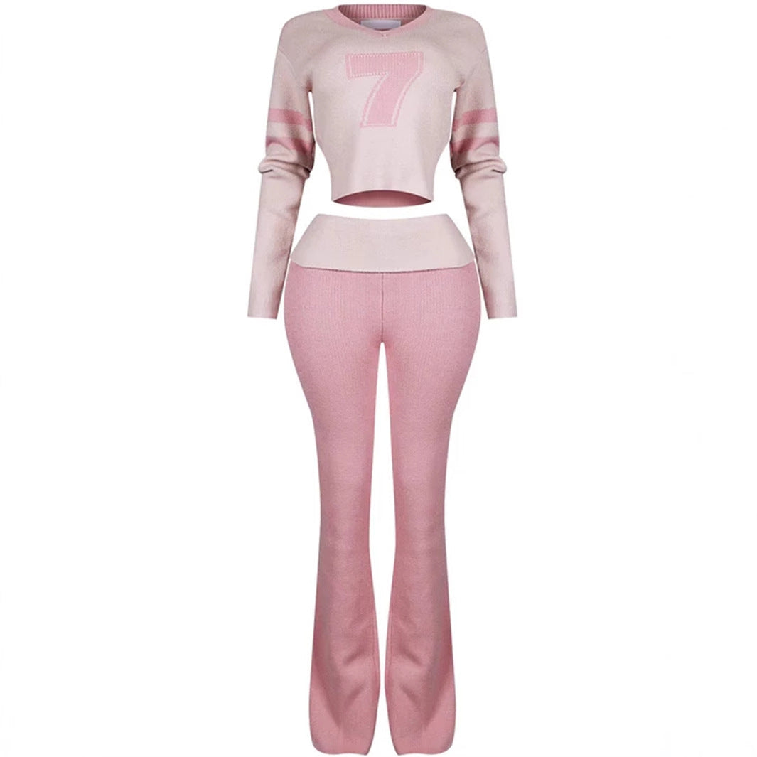 new New Popular trade color contrast fashion versatile V-neck solid color knitted casual long-sleeved top trousers set