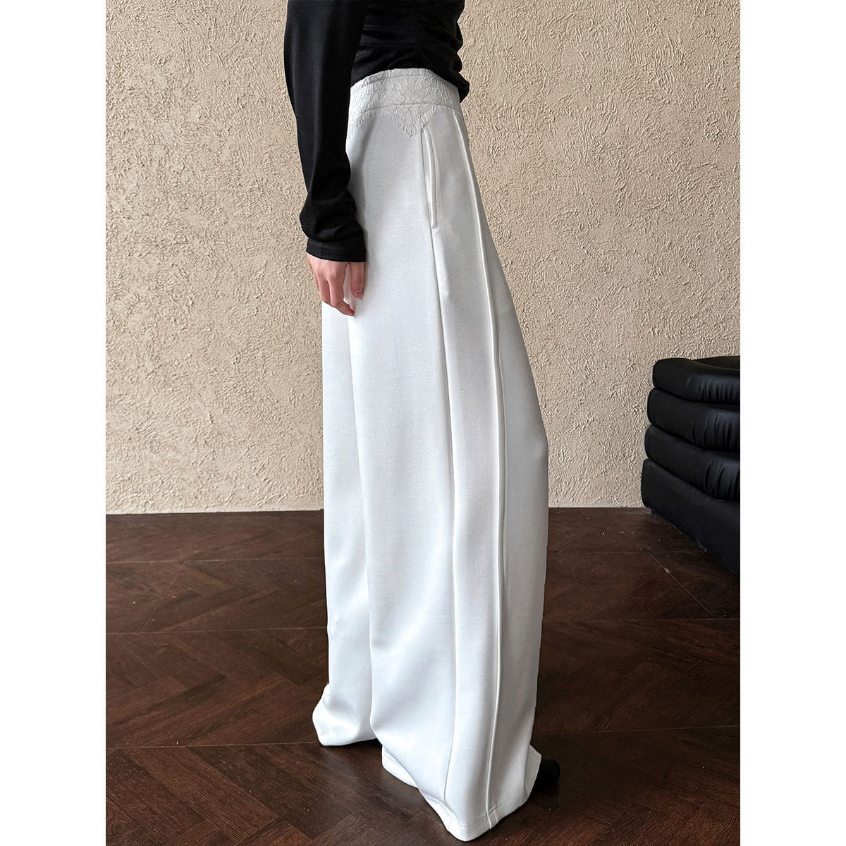Luxi, Korean lace splicing casual wide-leg pants women's spring new high-waisted versatile soft waxy straight trousers 2890