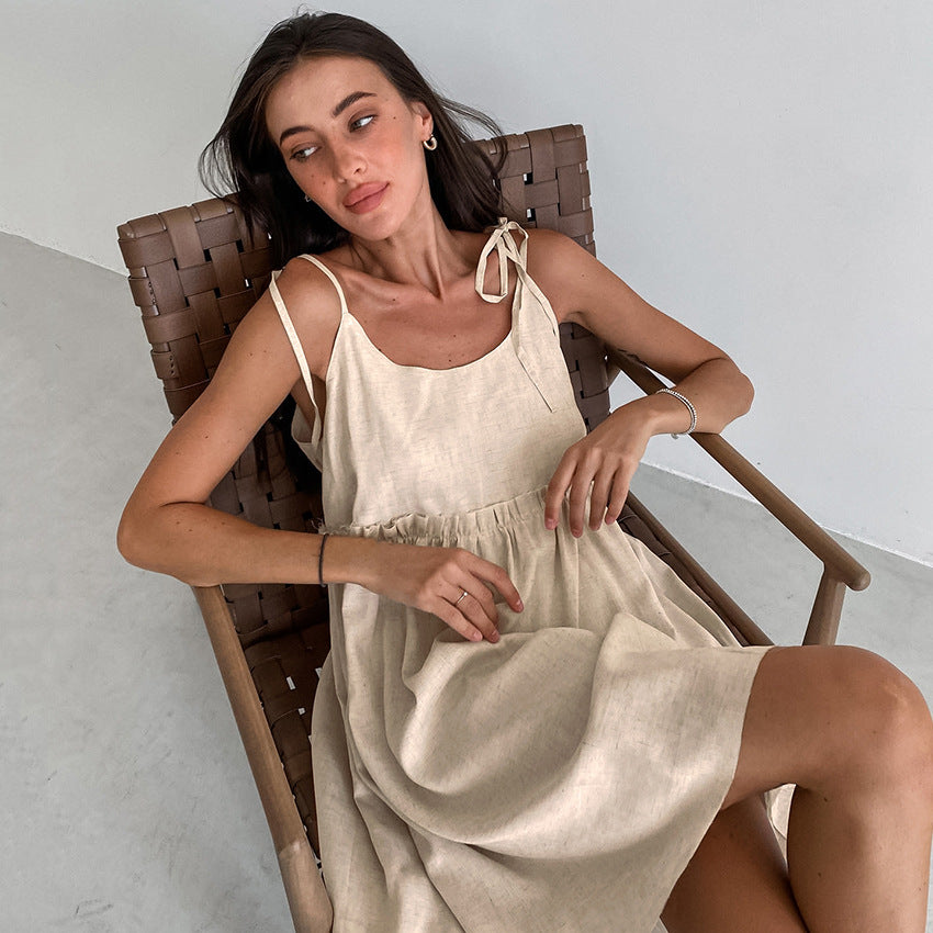 2025 Cross-border summer new sexy babes suspender dress salt-tie pullover loose cotton and linen A-shaped skirt