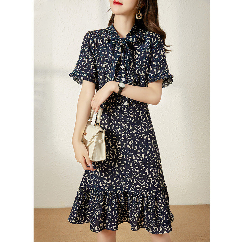 2025 summer women's clothing mulberry silk medium and long first love coffee break skirt silk fishtail dress bow floral skirt