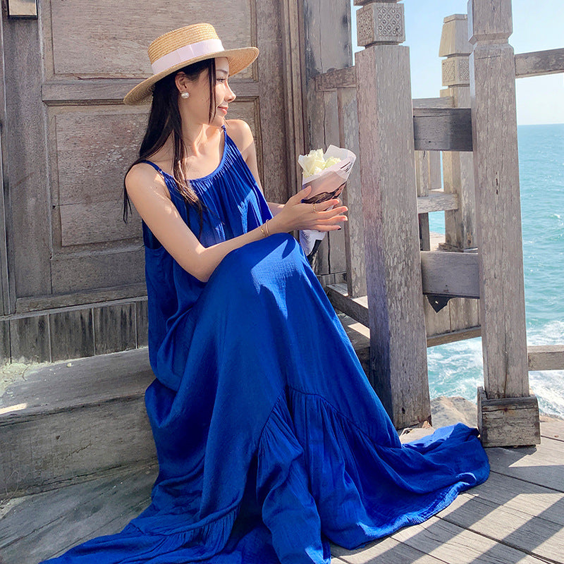 2025 Klein blue Sanya beach dress summer suspender sexy backless and thin seaside vacation super fairy long dress
