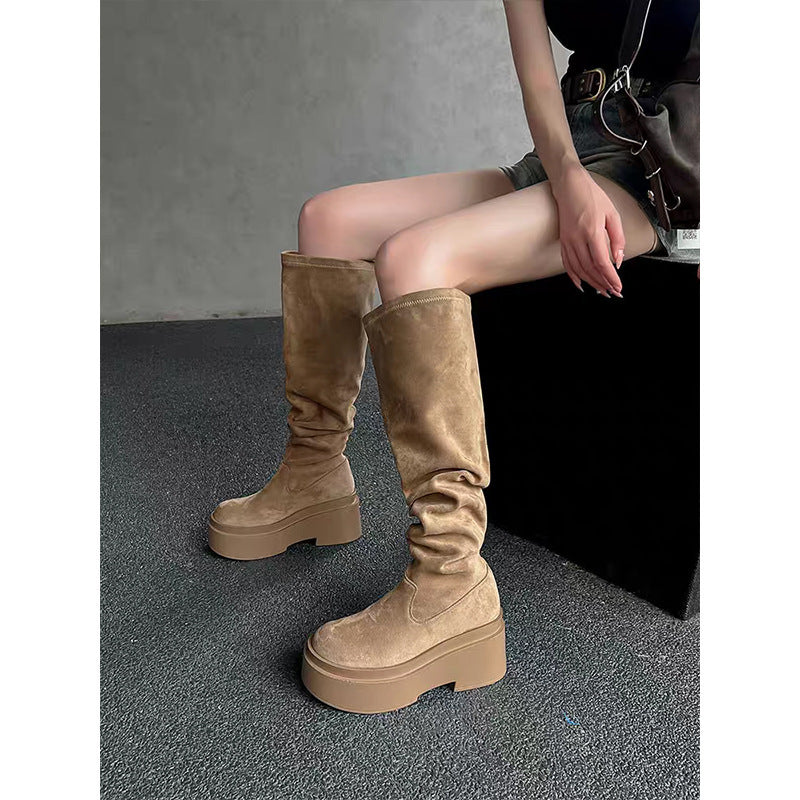 2025 Skinny wasteland wind big tube circumference black thick-soled knee boots women's popular new waterproof table high tube stacking boots