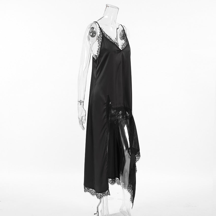 2025 Summer Sexy Design Lace V-Neck Suspender Black Mystery Dress Versatile Russian Split Skirt Women's Clothing