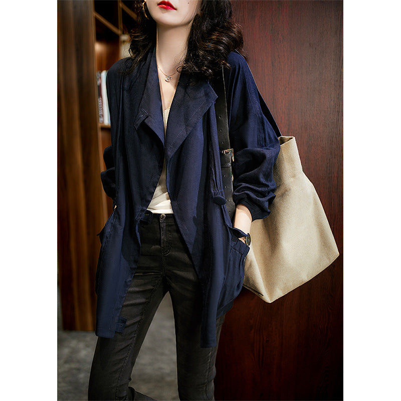 2025 Lapel linen tooling spring and autumn thin trench coat short, khaki navy blue new spring women's clothing
