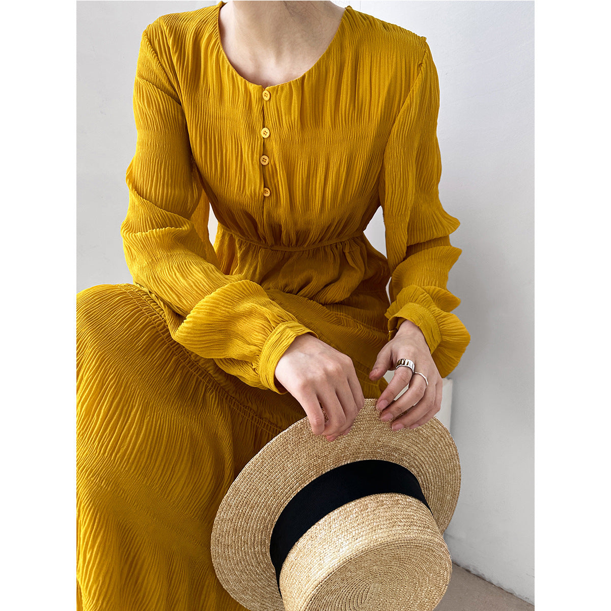 Luxi women's new pleated dress Korean waist chiffon long-sleeved fairy dress 3686