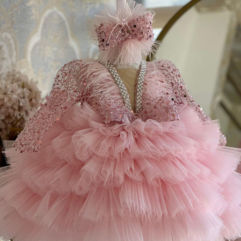 Xiangtuibao Princess Dress Girls' Western Style Dress V-neck Long Sleeve Little Girl Dress Children's Piano Playing Catwalk Performance Costumes