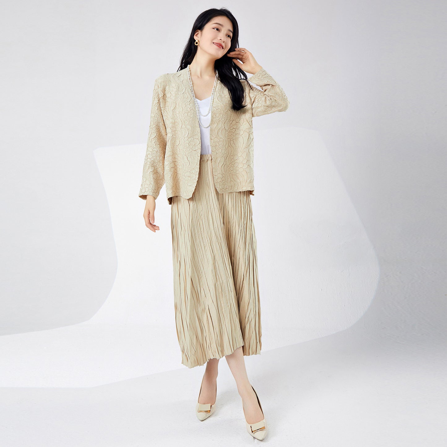 2025 High-end women's clothing suit skirt spring women's design cardigan jacket medium and long skirt versatile pleated two-piece set