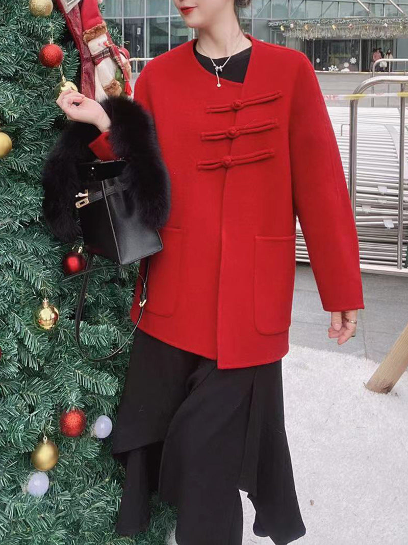 2025 Fox hair can be removed from the new Chinese buckle diagonal buckle, double-sided wool jacket woolen coat women's new autumn and winter models