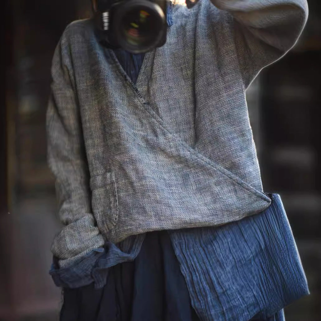 2025 24/1 SN21 Spring Versatile Casual Literary Texture Yarn Lazy V-Neck Linen Pullover