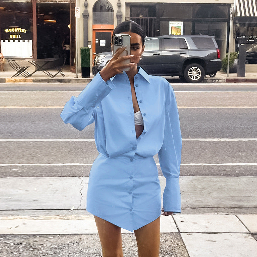 2025 Spring and summer fresh blue loose lapel shirt sleeve hip wrap slim dress New fashion pencil skirt women