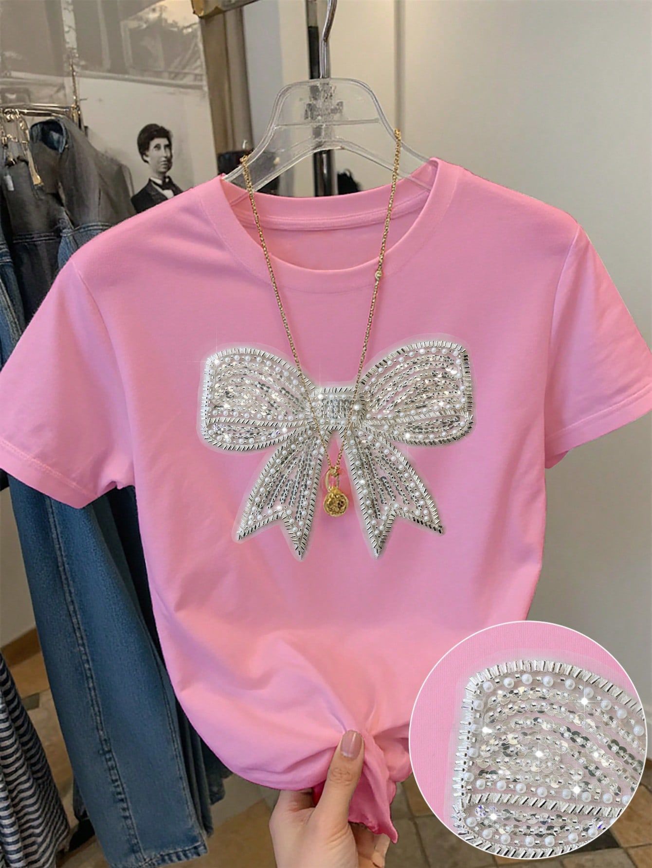 summer new women's clothing New Popular trade fashion casual commuting loose round neck bow printed T-shirt short