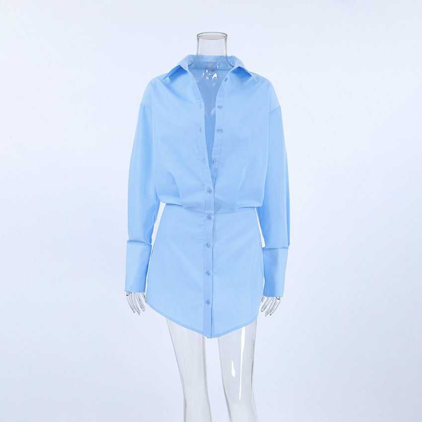 2025 Spring and summer fresh blue loose lapel shirt sleeve hip wrap slim dress New fashion pencil skirt women