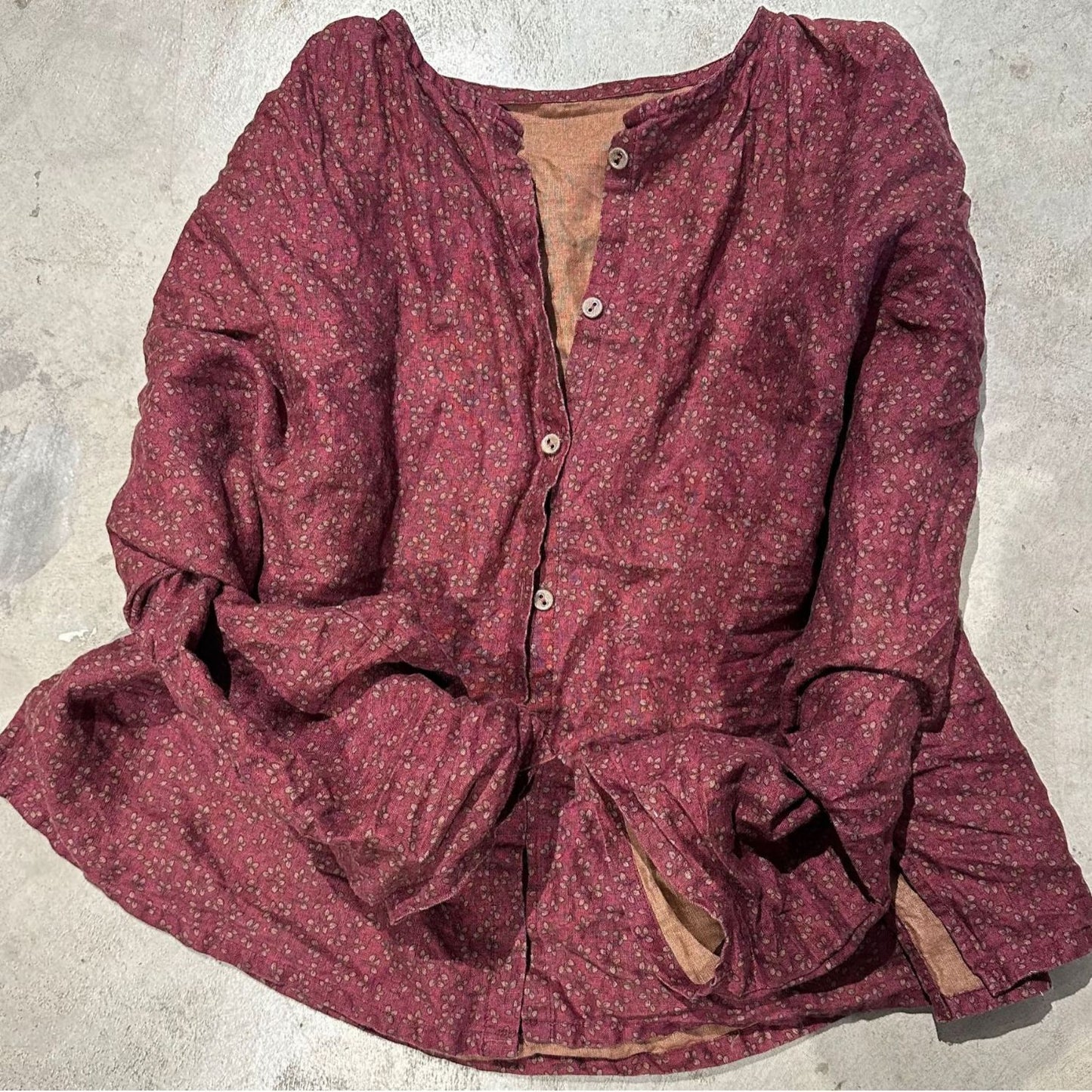2025 23/8/Early Autumn/Early Autumn Literary Retro Linen Printed Cardigan Shoulder Crew Neck Shirt