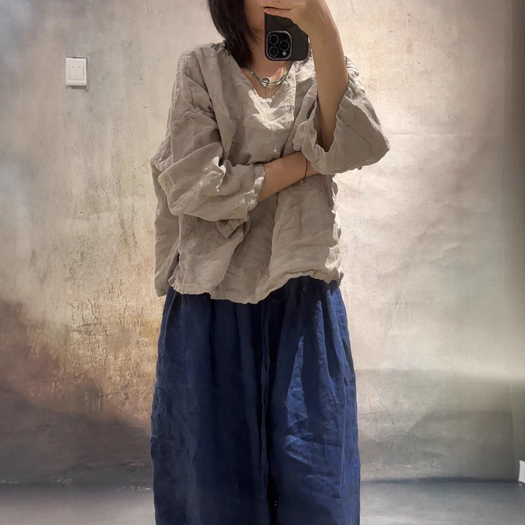 2025 25/04 Xiao Luo, yarn-dyed linen literary and retro lace-up jumper
