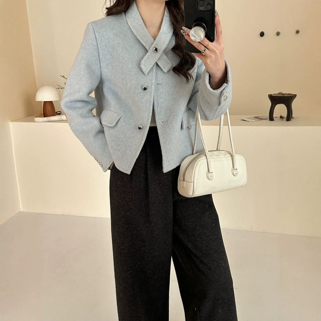 2025 Scarf collar Solid color small fragrant wind round neck single-breasted front shoulder short double-sided wool woolen coat coat women