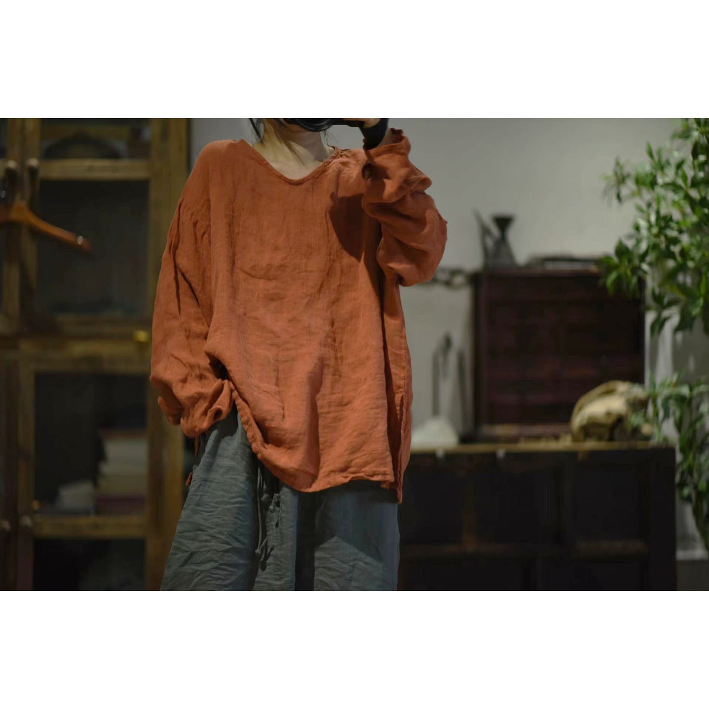 2025 23/2 Xiaonuan, spring literary and retro washed old linen v-neck pullover shoulder shirt