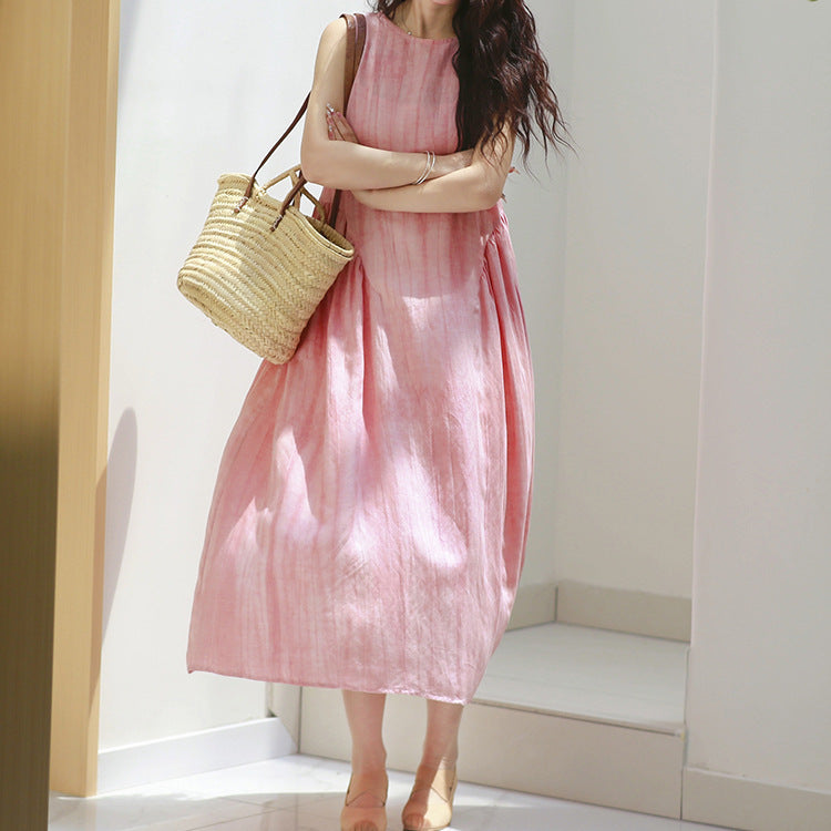 2025 summer new fried silk and hemp round neck sleeveless big pendulum long sleeveless dress vest skirt