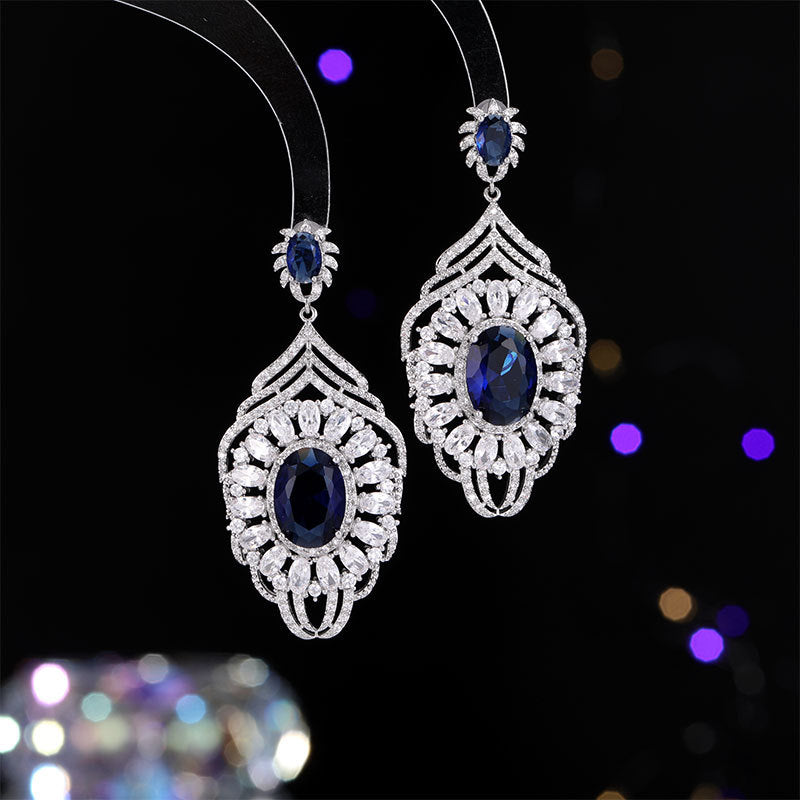 2025 luxury retro court style exaggerated long zircon stud earrings elegant silver needle bridal dress ear jewelry