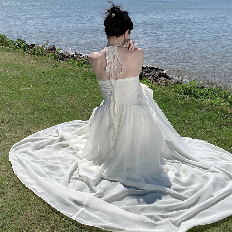 2025 high-end sense super good-looking fairy temperament chiffon neck dress fairy summer seaside vacation long skirt