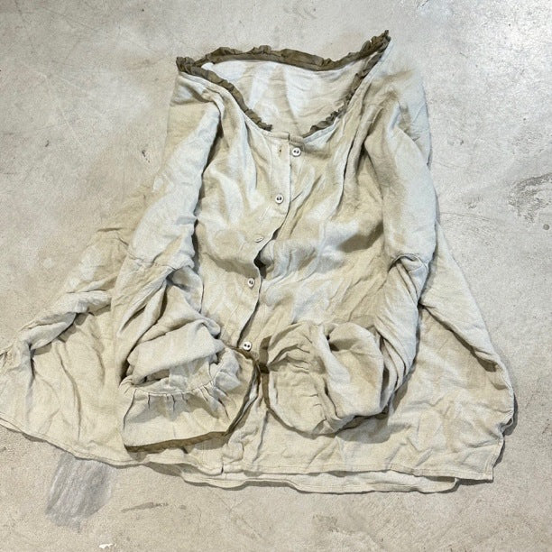 2025 24/4 SN41 literary and retro long-sleeved linen cotton smoked color craft fried old contrasting color lace neck cardigan shirt