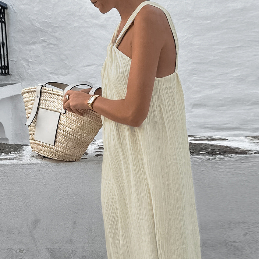 2025 Beige sleeveless neck beach casual dress popular autumn fashion simple new ankle dress women