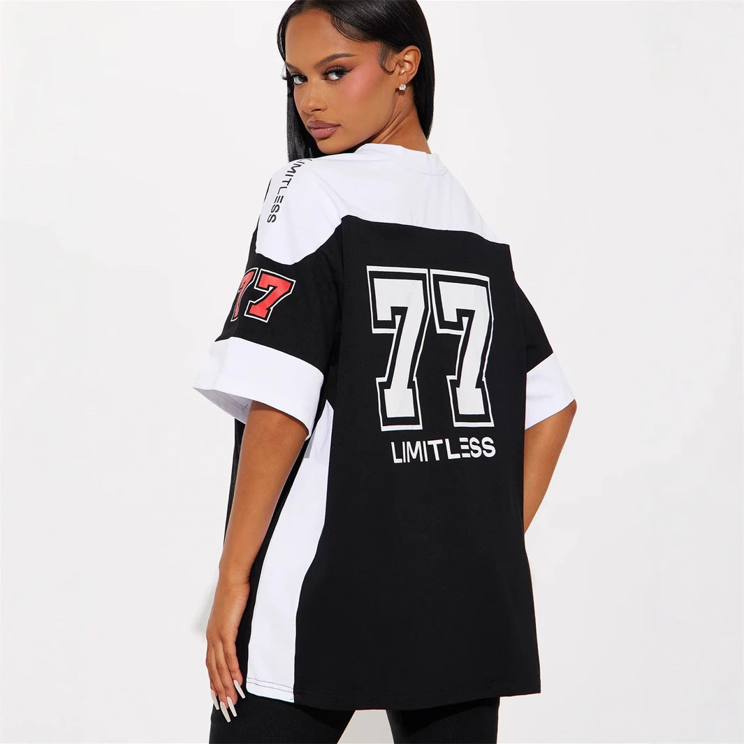 Autumn new New Popular trade loose fashion casual contrasting sports top simple printing short sleeve T