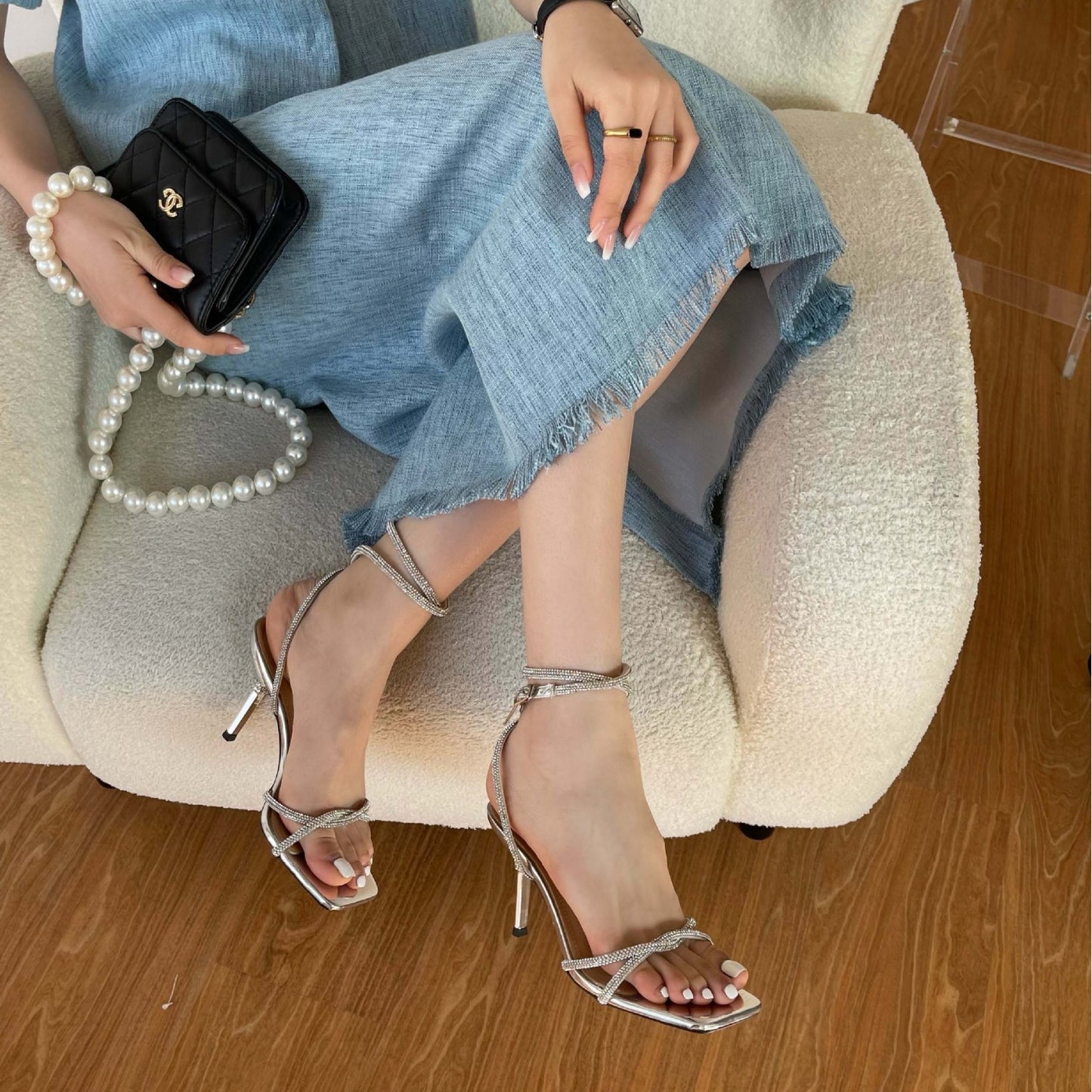 XIANGTUIBAO Women's Sandals New Summer Stiletto Heel Square Toe Rhinestone Sexy Crossover Lace up Strap Shoes