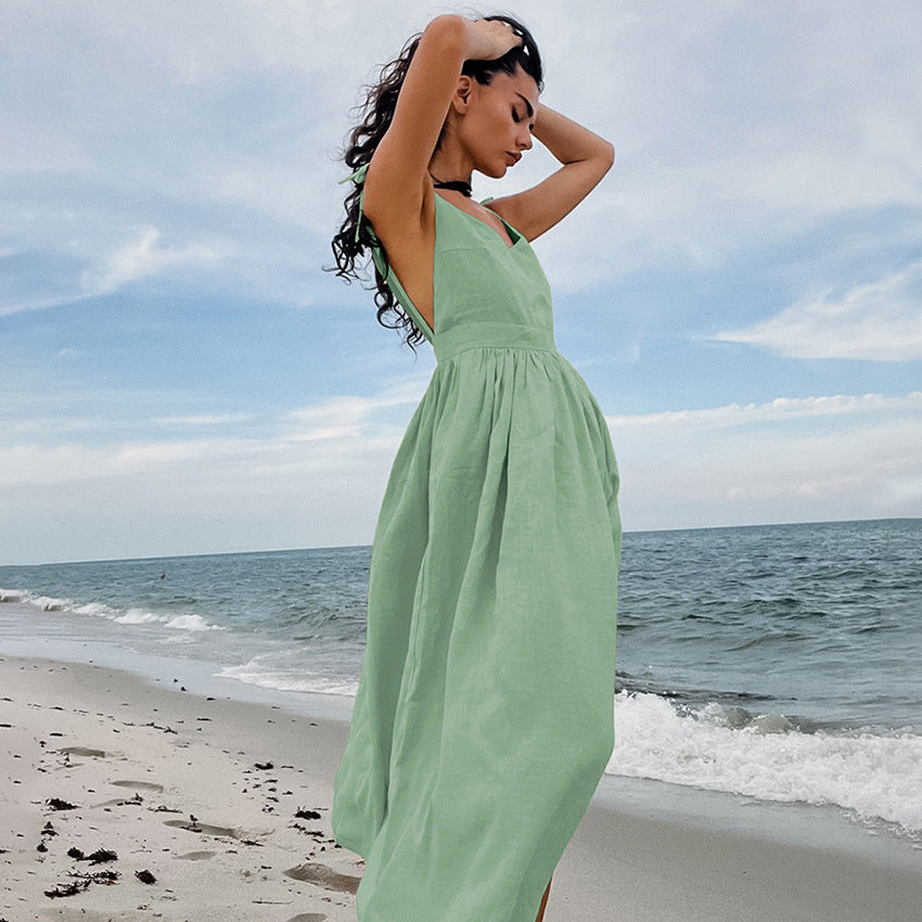 2025 khaki cotton and linen breathable suspender high waist dress spring new holiday style long dress women