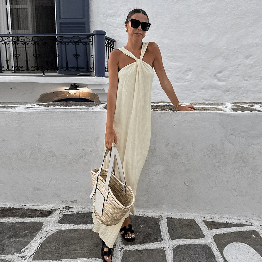 2025 Beige sleeveless neck beach casual dress popular autumn fashion simple new ankle dress women