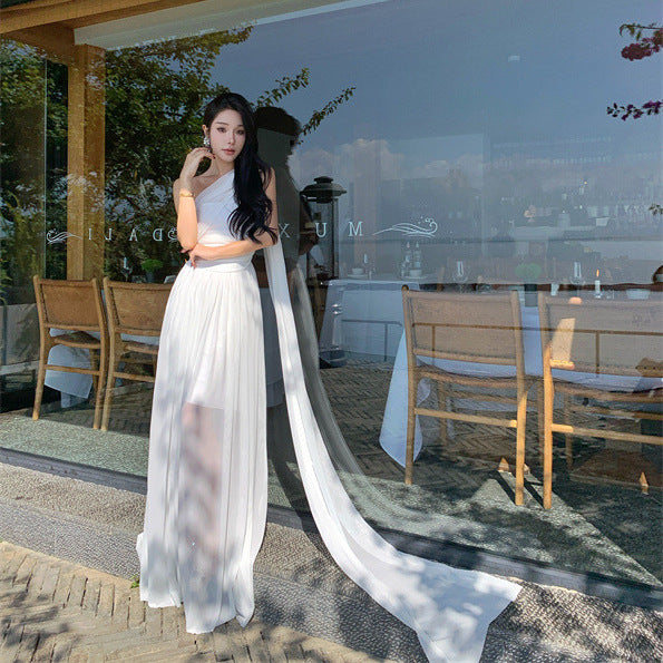 2025 Ancient Greek Muse shoulder streamer dress summer white super fairy light wedding dress photo dress vacation beach dress