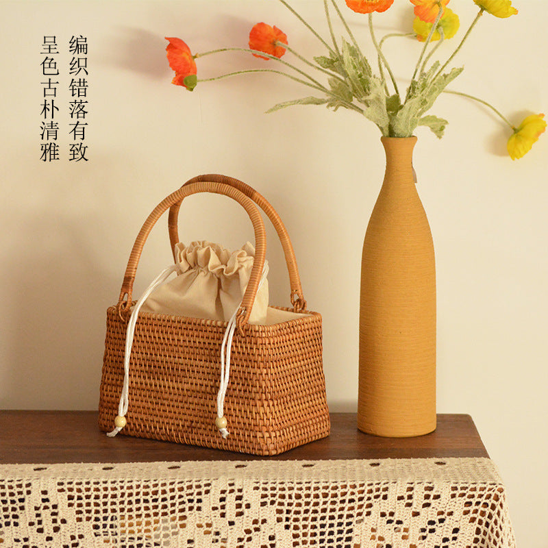 XIANGTUIBAO Vacation Style Handmade Pastoral Style Cabas Storage Picnic Travel Baskets Hand-Woven Rattan Handbag