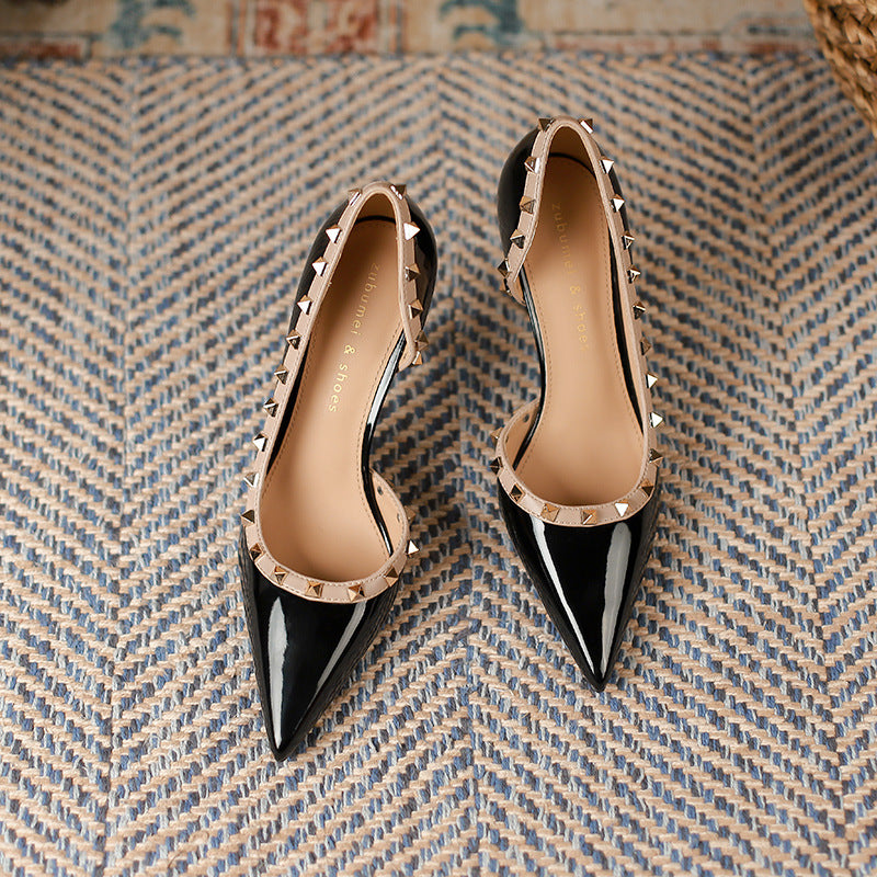 2025 966-A8 2025 new shallow mouth pointed head thin heel high heels fairy fairy wind side empty rivets single shoes female
