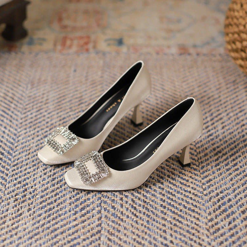 2025 3788-8 Square head thin heel rhinestone square buckle shoes women's Korean version light mouth satin shoes solid color commuter high heels women's autumn